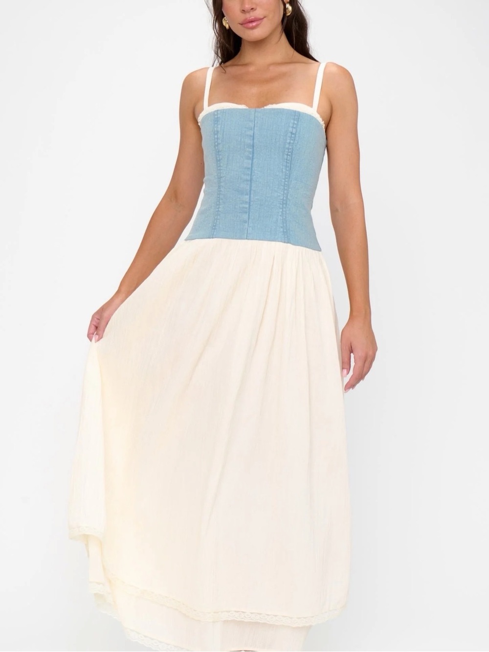 Show Me Your MuMu Light Blue Denim Corset & Cream Maxi Dress